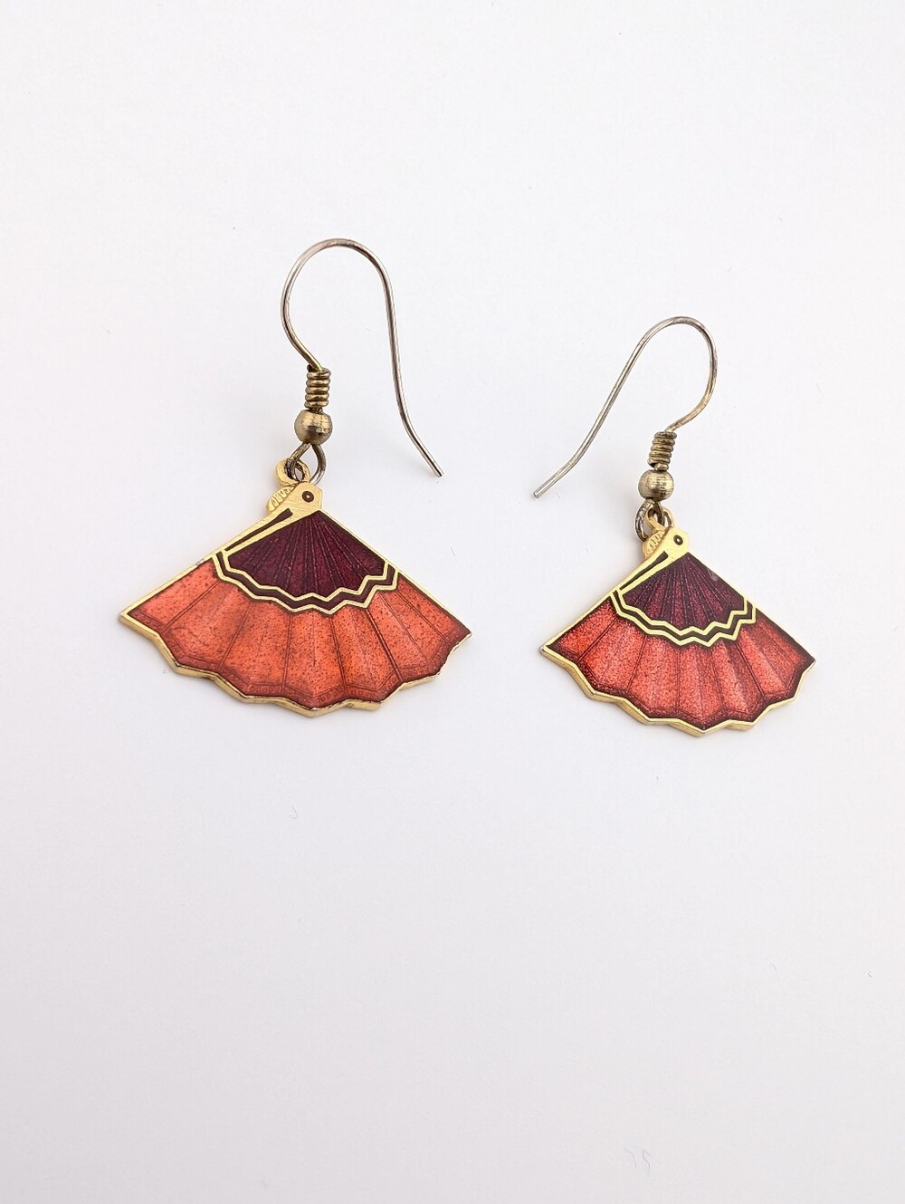 Vintage Cloisonne Fan Gold Earrings - Classic Estate Jewelry - Picture 3 of 6